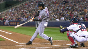 ATLANTA - APRIL 6: Infielder Kazuo Matsui #25 of the New York Mets connects with an Atlanta Braves pitch during the Braves home opener at Turner Field on April 6, 2004 in Atlanta, Georgia. The Mets won 7-2. (Photo by Erik S. Lesser/Getty Images) *** Local Caption *** Kazuo Matsui